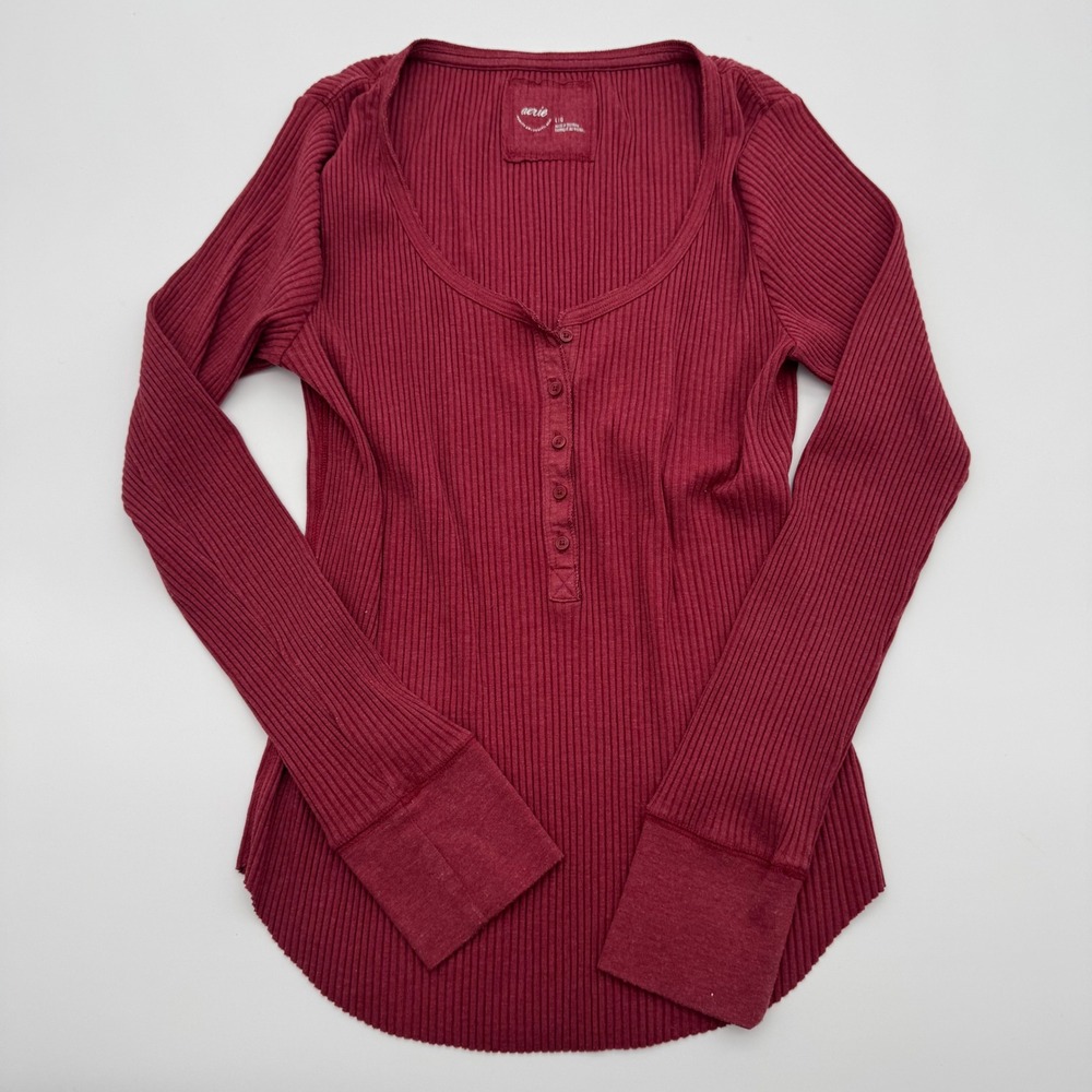 Aerie Womens Ribbed Henleyโ Long Sleeve Top Burgundy Maroon Red Size Large